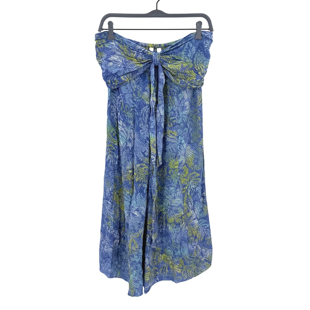 Blue Ginger Tropical Floral Strapless Midi Dress Blue Green Rayon Smocked Medium